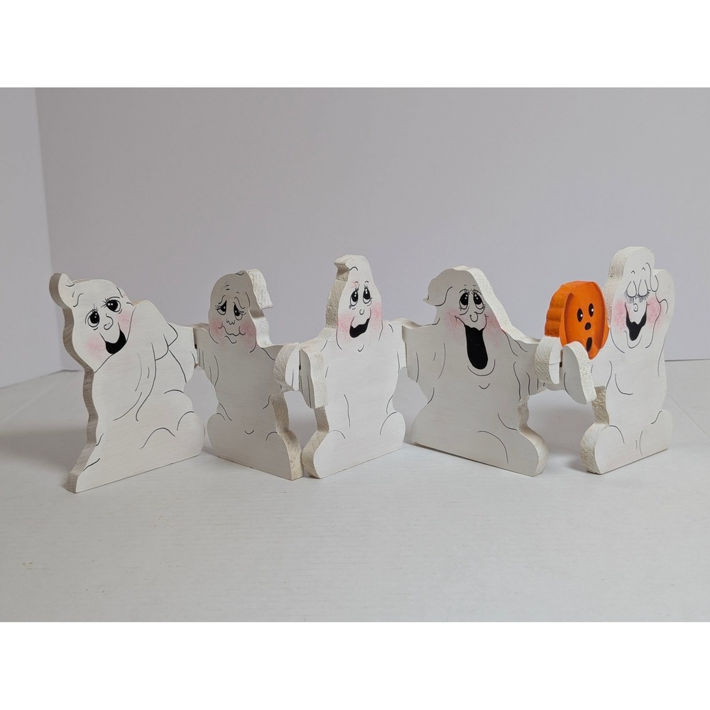 Vintage Halloween Wooden Ghost Garland Hand Painted Decorative Figures Set of 5